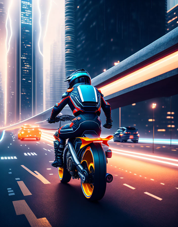 Futuristic motorcycle rider in neon-lit cityscape at night