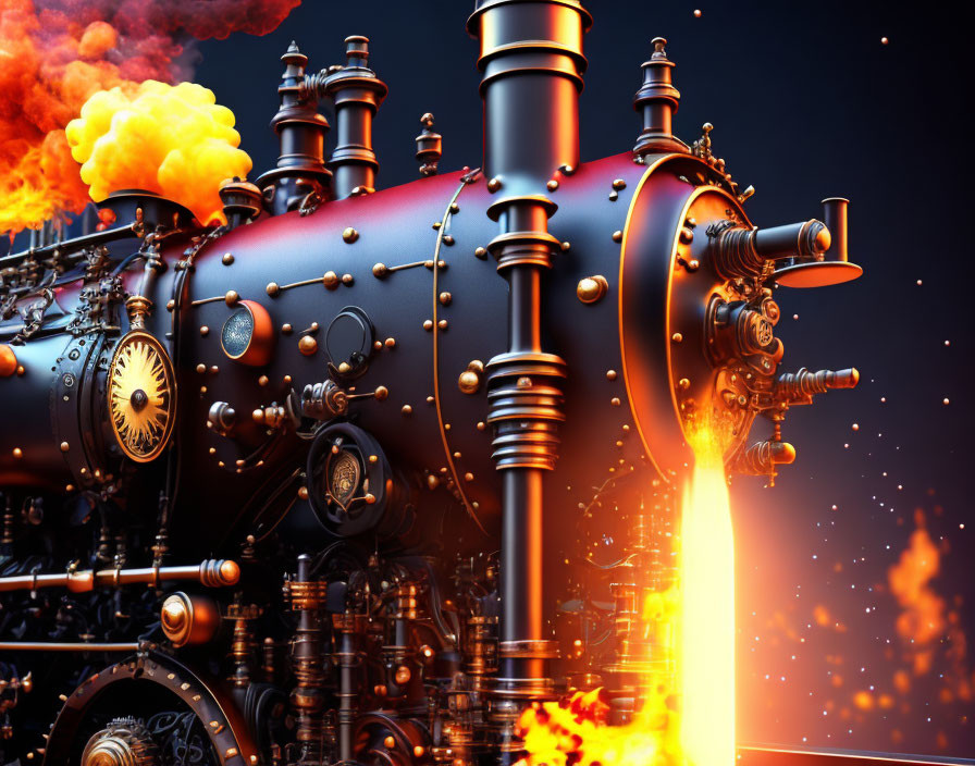 Steampunk-style machine with flaming pipe on dark background