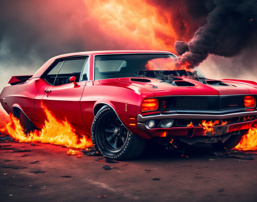 Vintage Muscle Car Surrounded by Flames and Smoke