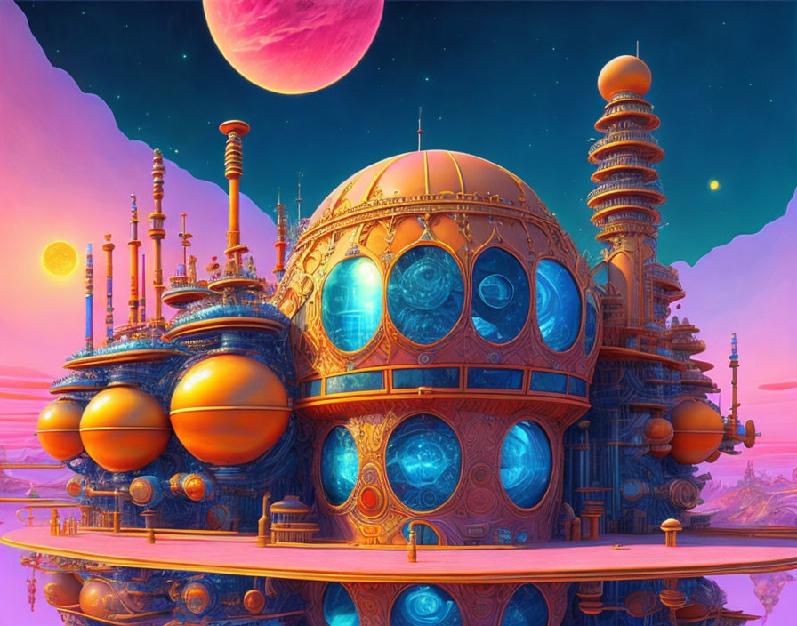 Fantasy palace with domes and spires under pink moon and stars