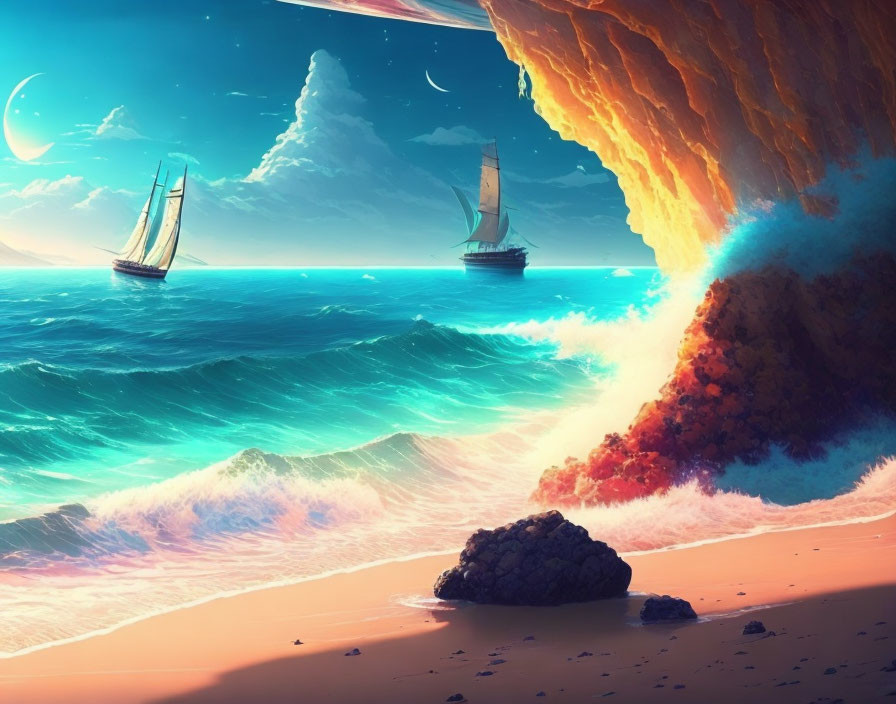 Fantastical seascape with sailing ships, orange cliff, and multi-mooned sky