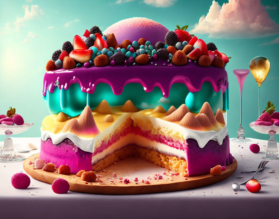 Vibrant cake with pink and purple icing, berries, candies, and whimsical backdrop