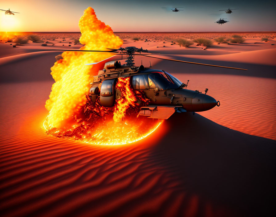 Helicopter engulfed in flames after desert explosion.