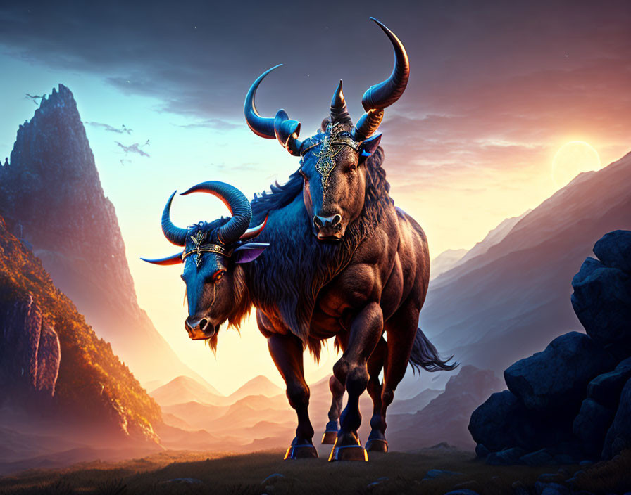 Majestic horned beasts in fantasy landscape with glowing sunset