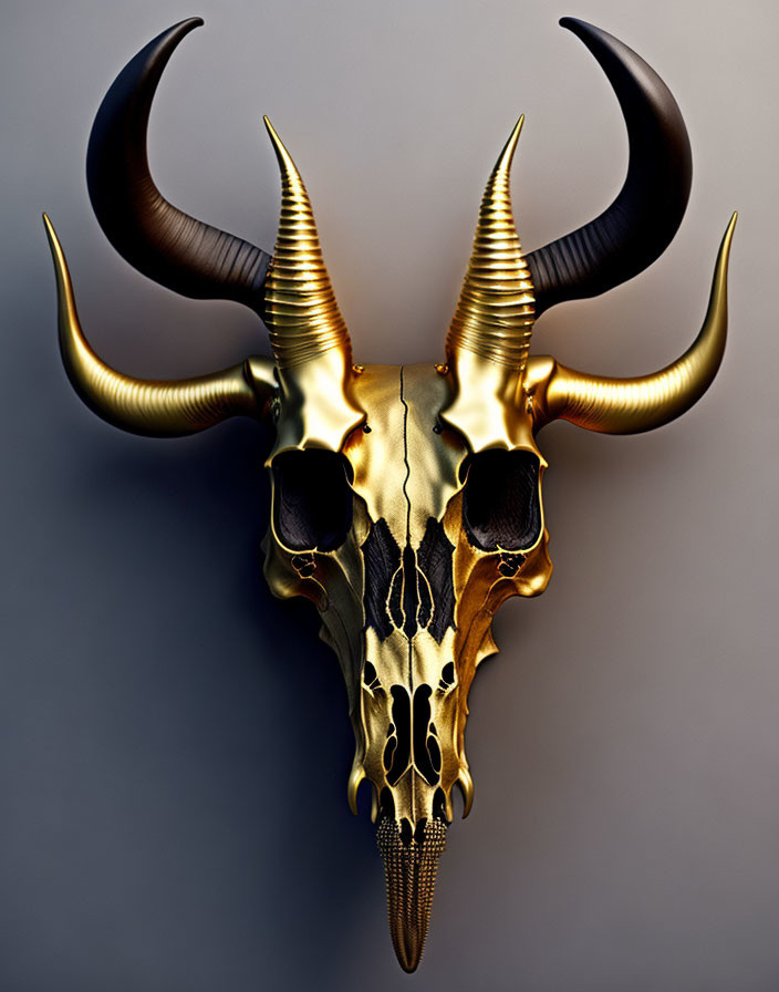 Metallic Bull Skull with Large Curved Horns and Gold-Black Gradient Colors