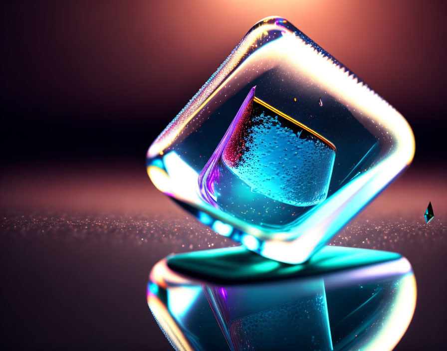 Transparent cube with refracted light and water droplets on reflective surface