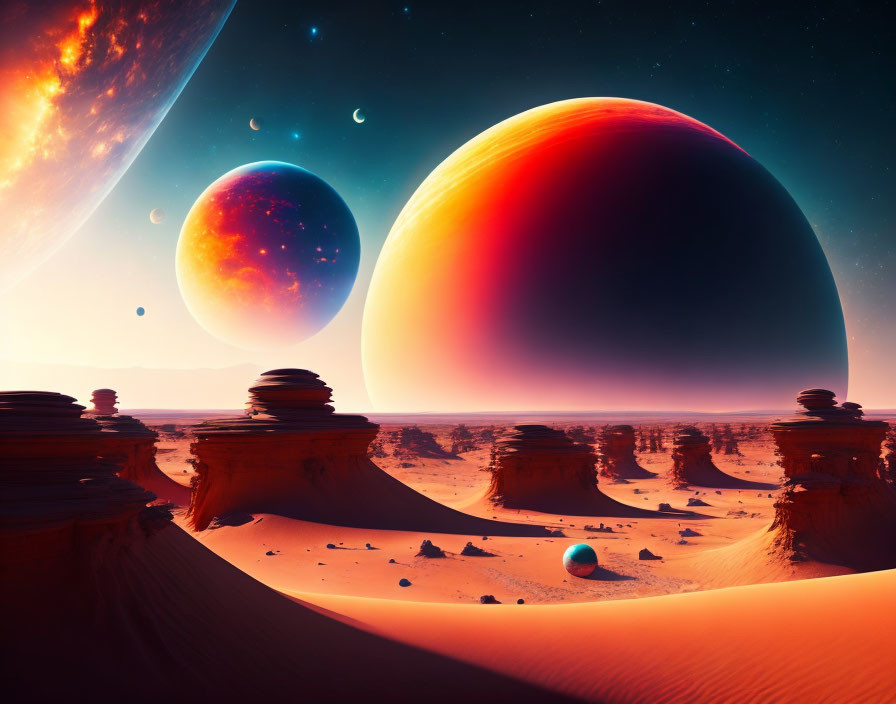 Desert mesas under orange sky with alien planets in sci-fi landscape