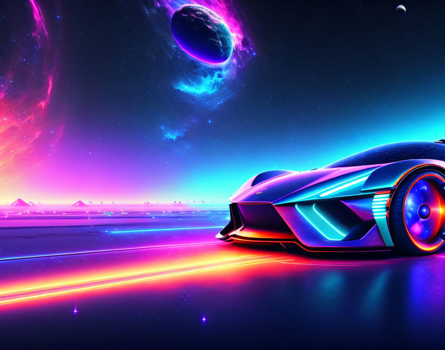 Futuristic car with neon lights on vibrant neon-lit road