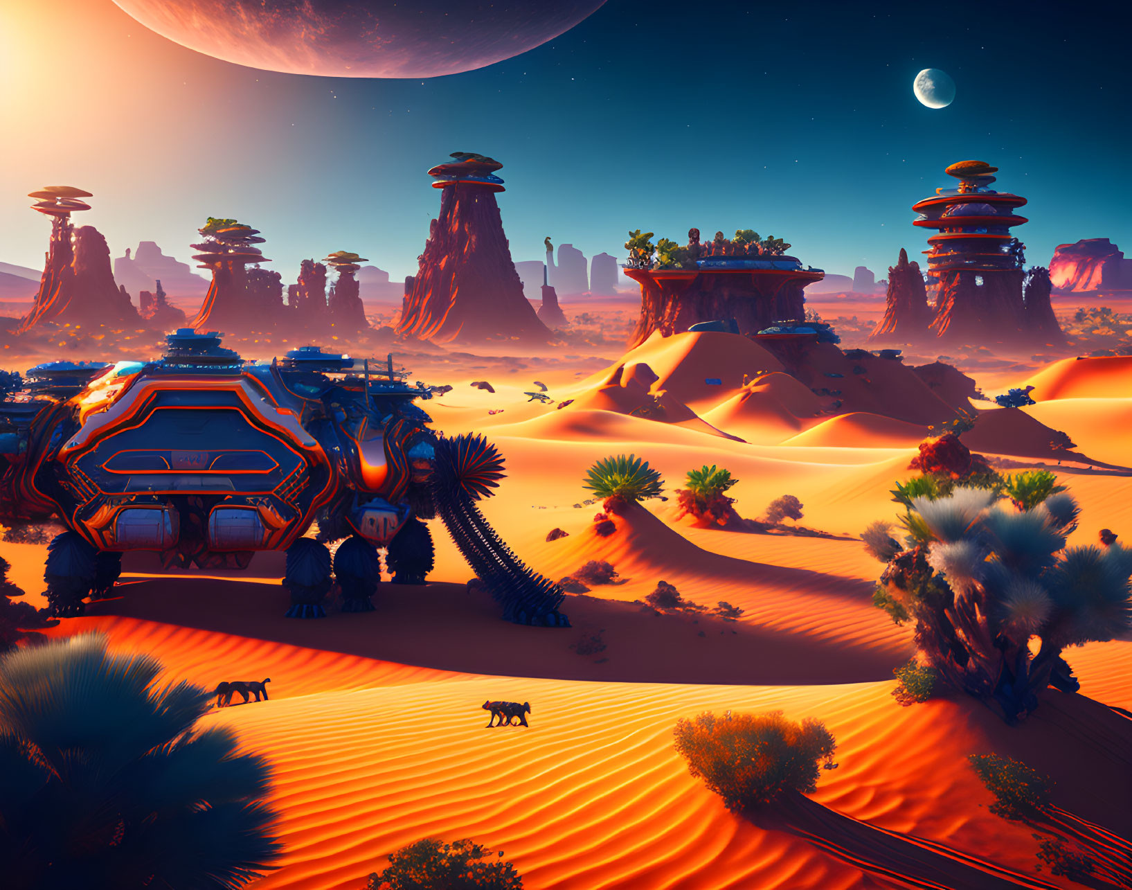 Colorful sci-fi desert with rock formations, alien flora, fauna, and futuristic building under alien moons