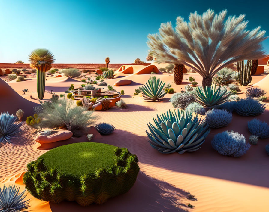 Diverse cacti and succulents in vibrant desert landscape