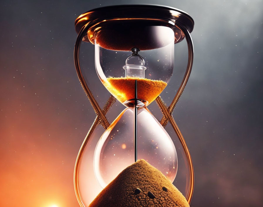 Hourglass with sand against dramatic sky symbolizing time passage