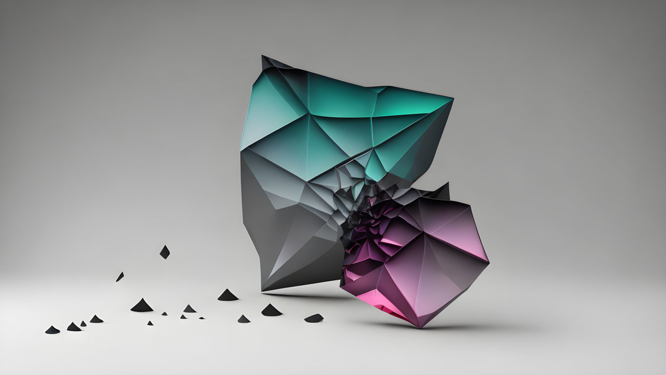 Fractured geometric object in teal and pink tones on neutral background