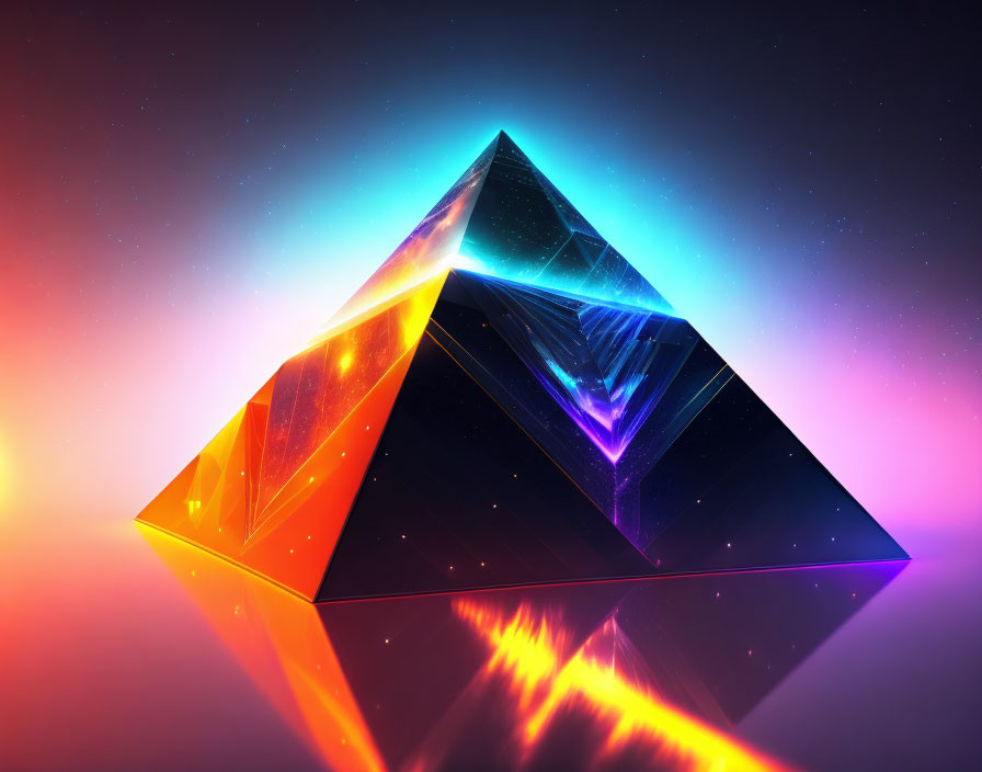 Colorful digital artwork: Glass pyramid refracting light in cosmic setting