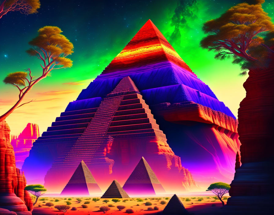 Vibrant digital art: Pyramids in surreal neon landscape