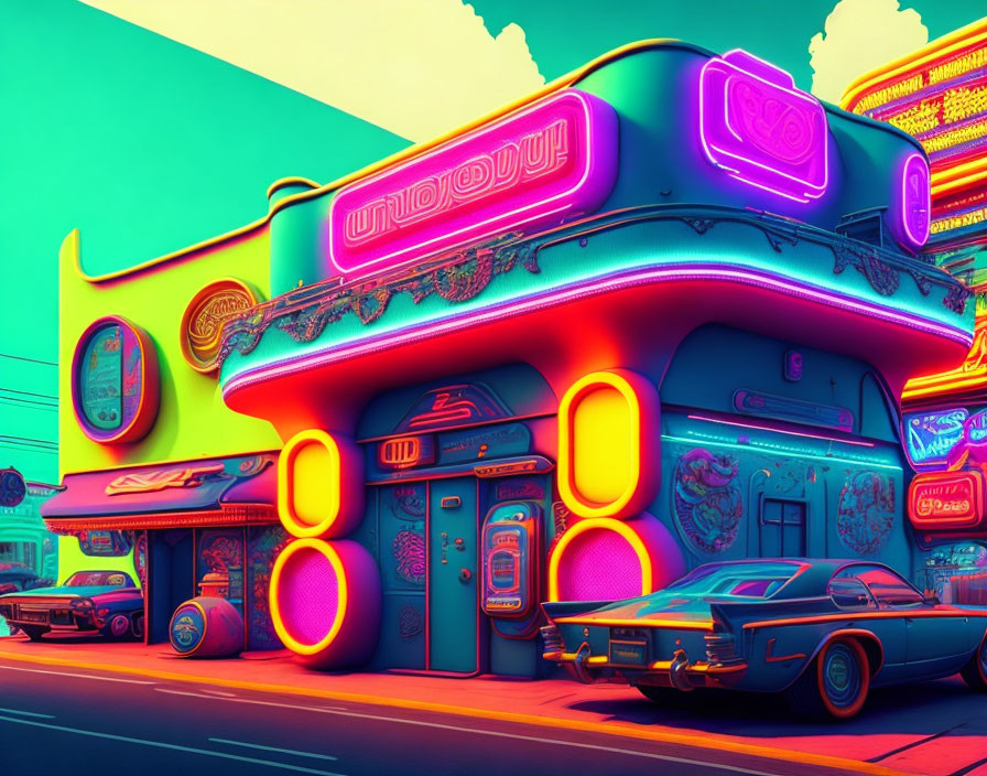 Neon-lit retro diner with vintage cars - Nostalgic, colorful aesthetic