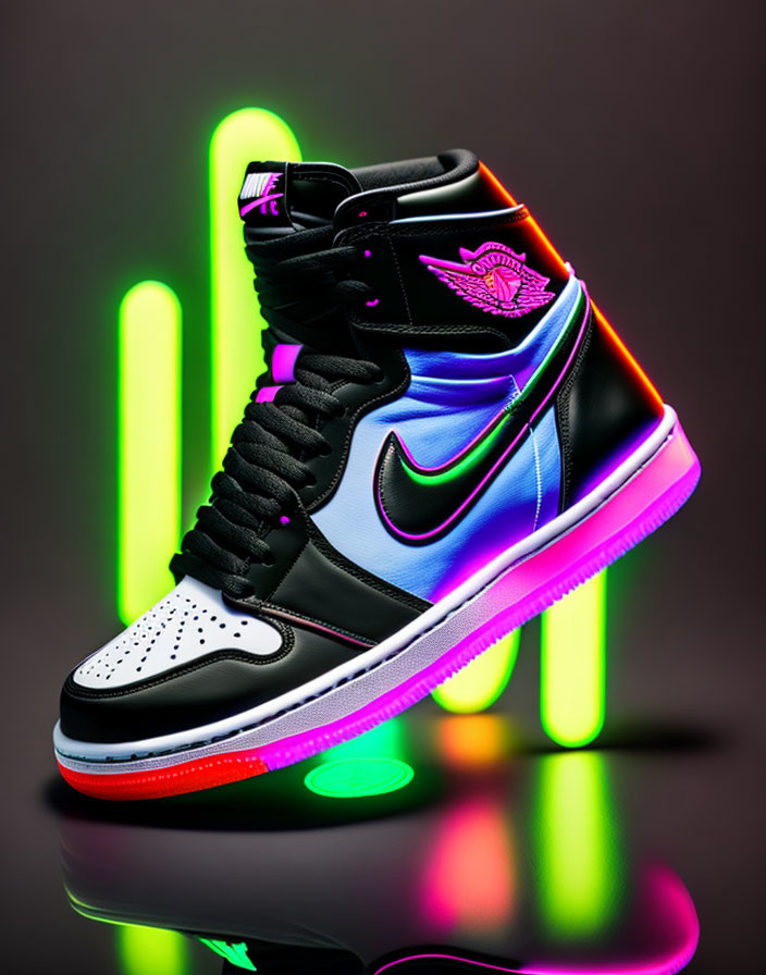 Vibrant Nike Air Jordan Sneaker with Black Upper and Blue/Pink Accents