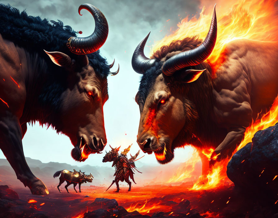 Fiery bulls face off on volcanic landscape with warrior and running bull