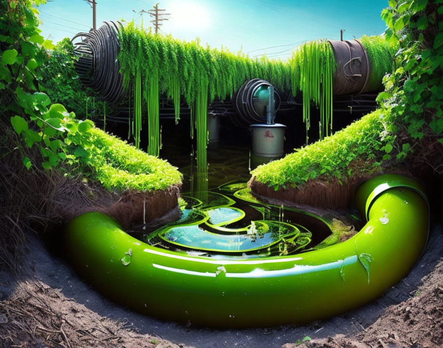 Vibrant green pipes and foliage with swirling liquid in clear pond