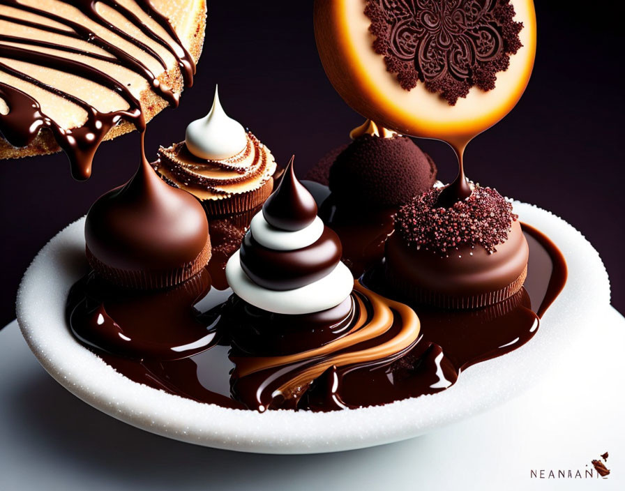 Variety of Chocolate Desserts with Elegant Toppings on White Plate