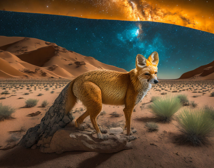 Fox on Rock in Desert Sunset with Starry Sky