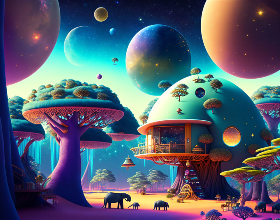 Vibrant starlit sky over whimsical futuristic landscape