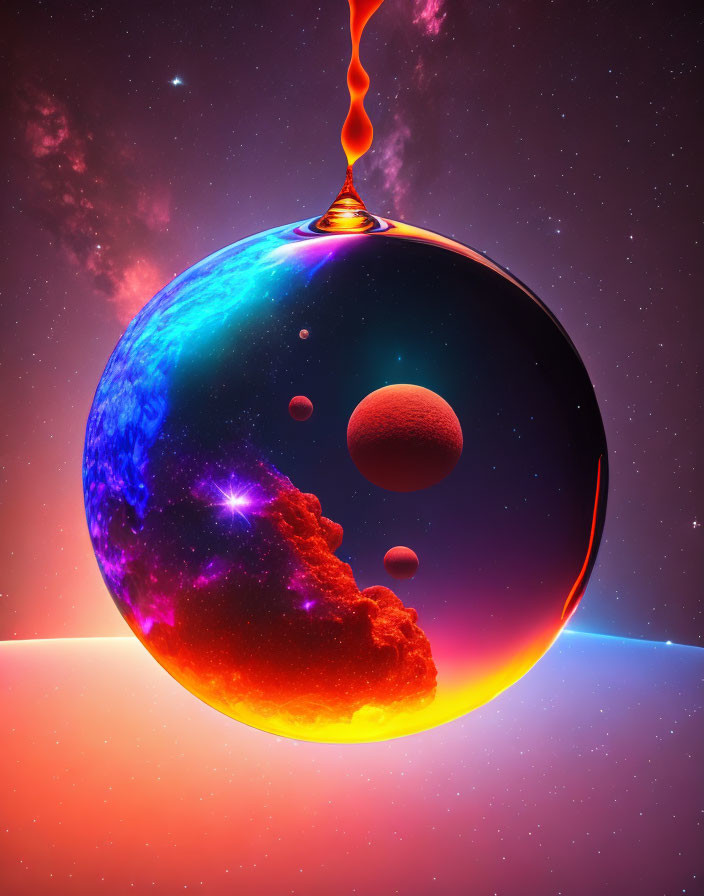 Surreal spherical object with earth-like texture and fiery tones against cosmic backdrop