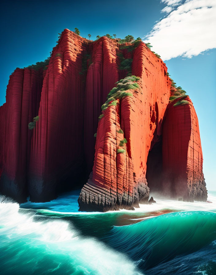 Vibrant red cliff with cylindrical rocks and turquoise ocean view