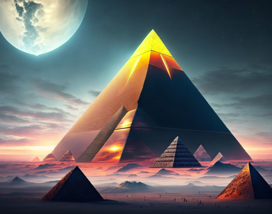 Surreal night landscape with glowing pyramid under oversized moon