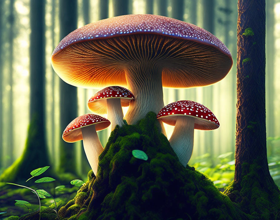 Colorful red mushrooms with white spots in a mossy forest setting