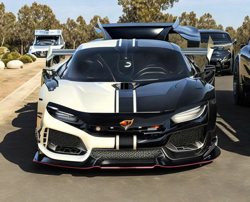 Black and White Sports Car with Aggressive Aerodynamics and Rear Wing Parked Near RVs