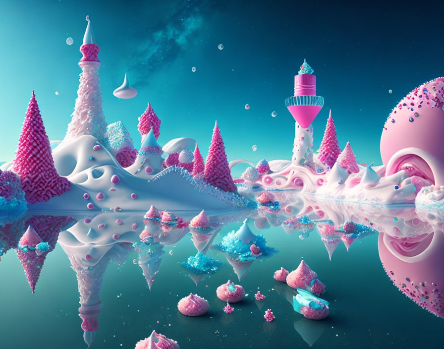 Whimsical candy-like landscape with reflective surface and pink & white structures on teal sky