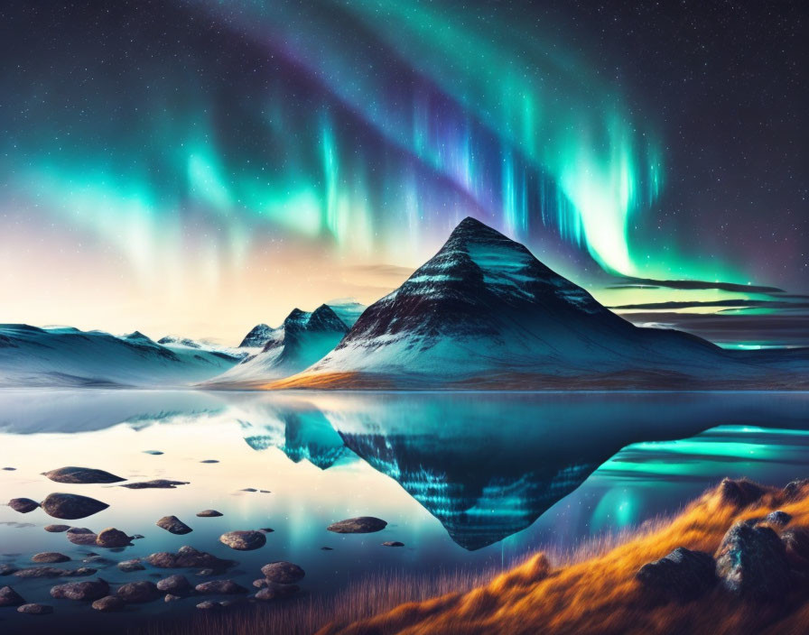 Northern Lights shimmer over snowy mountain and lake at twilight