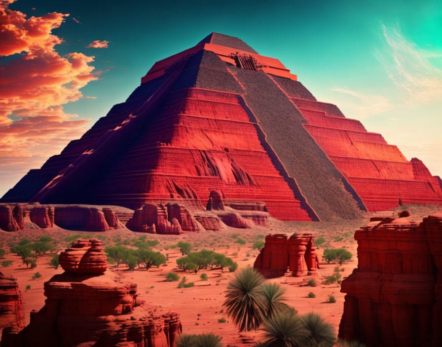 Desert landscape with red sandstone formations and pyramid