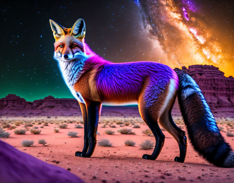 Colorful Fox in Desert Night Sky Scene with Milky Way