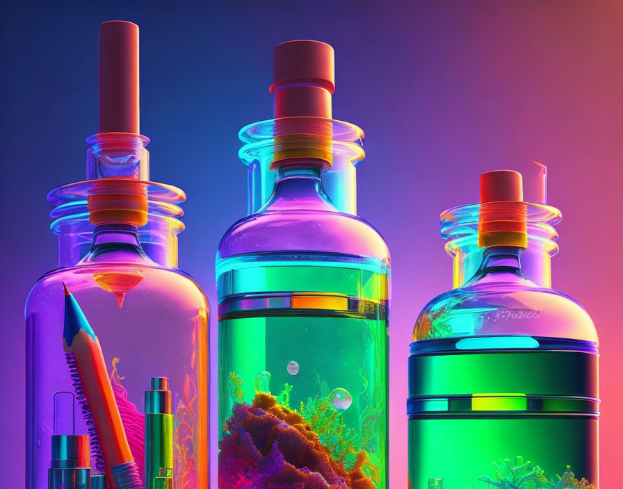 Vibrant marine life glass bottles under neon lights