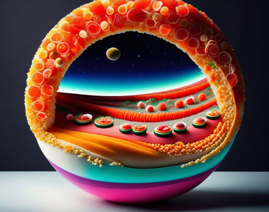 Surreal circular frame with vibrant colors and caviar-like spheres