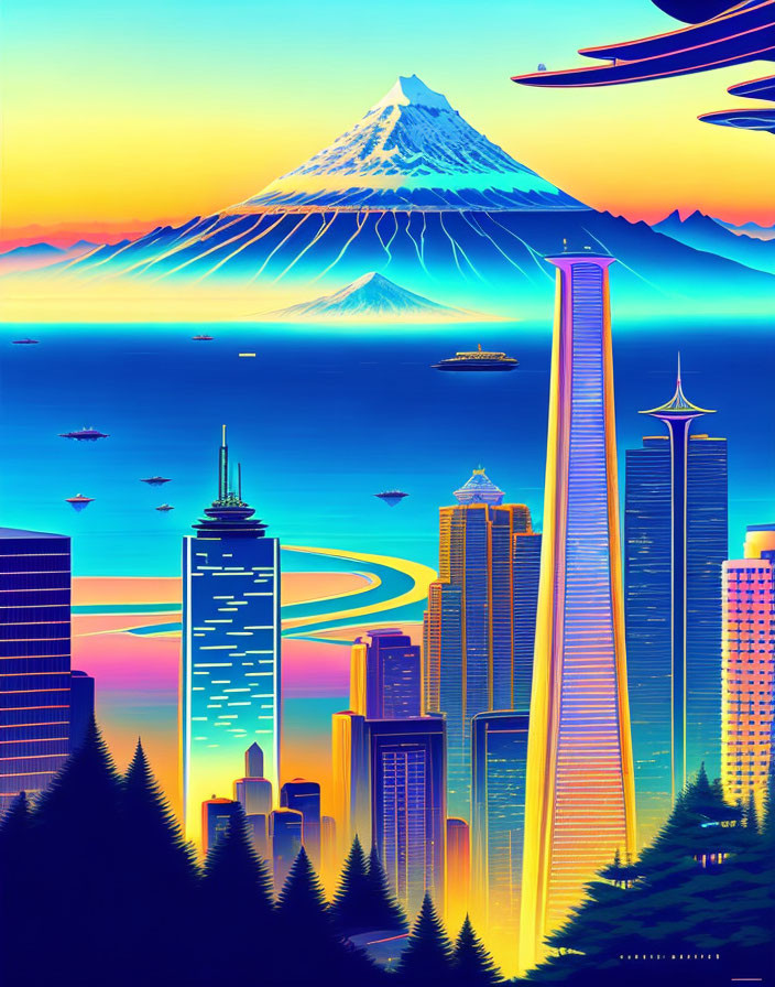 Futuristic cityscape digital artwork with skyscrapers and flying vehicles