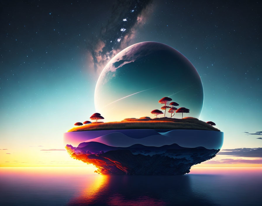 Fantastical floating island with cosmic backdrop and vibrant sunset horizon