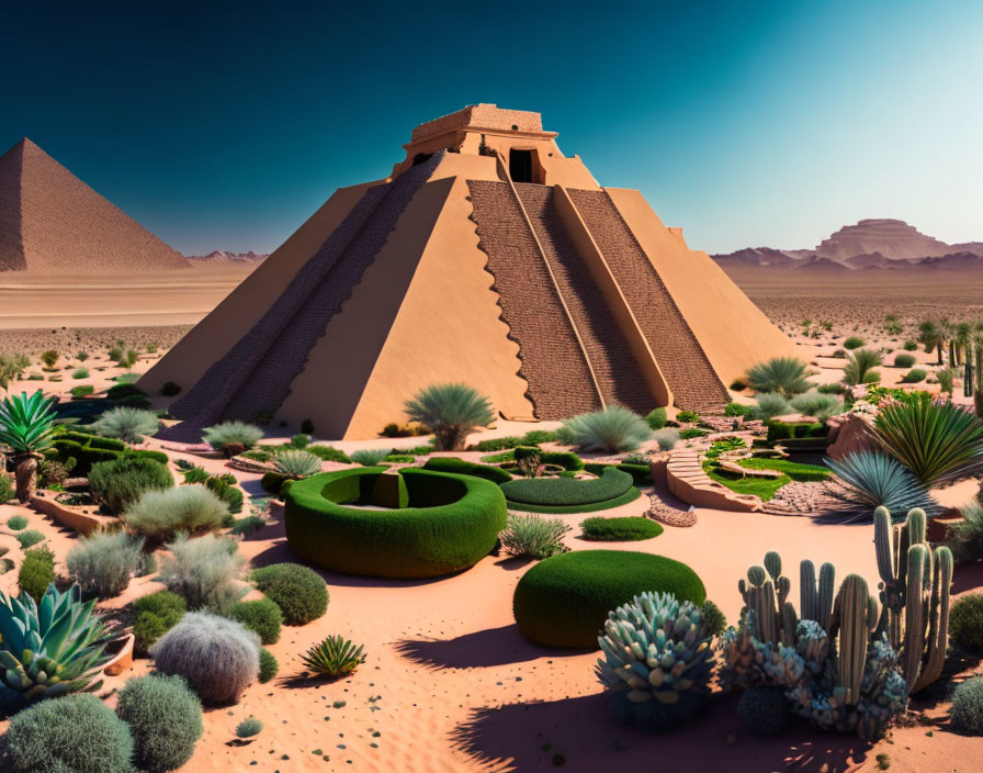 Ancient pyramid in desert garden oasis with cacti under blue sky