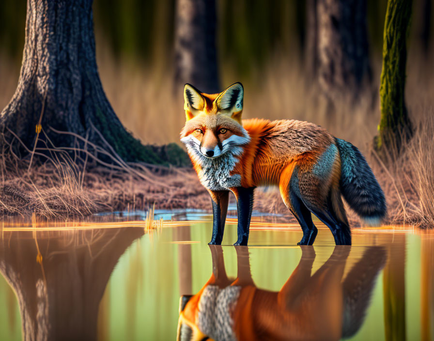 Red fox reflecting in tranquil water with golden hues and soft-focus trees