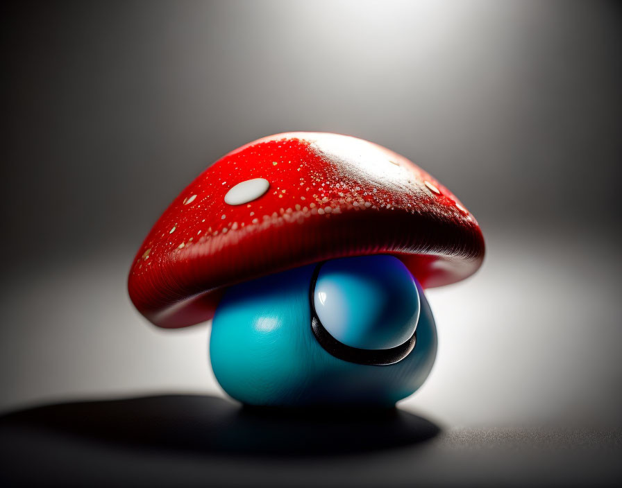 Red Mushroom with White Spots on Glossy Blue Sphere in Soft Backlight