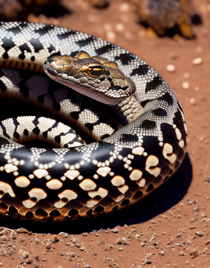 Detailed image of coiled python with intricate scale patterns on reddish-brown surface