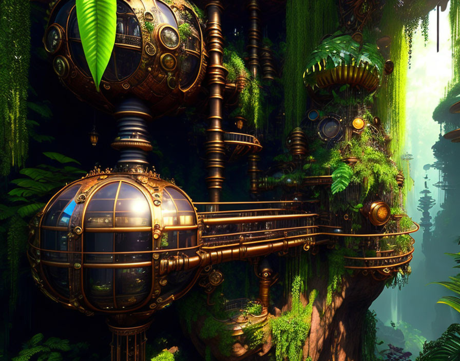 Steampunk city with spherical structures in lush jungle