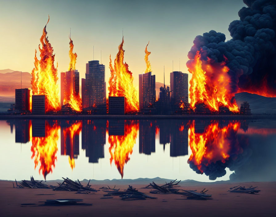 City skyline engulfed in flames mirrored in calm water