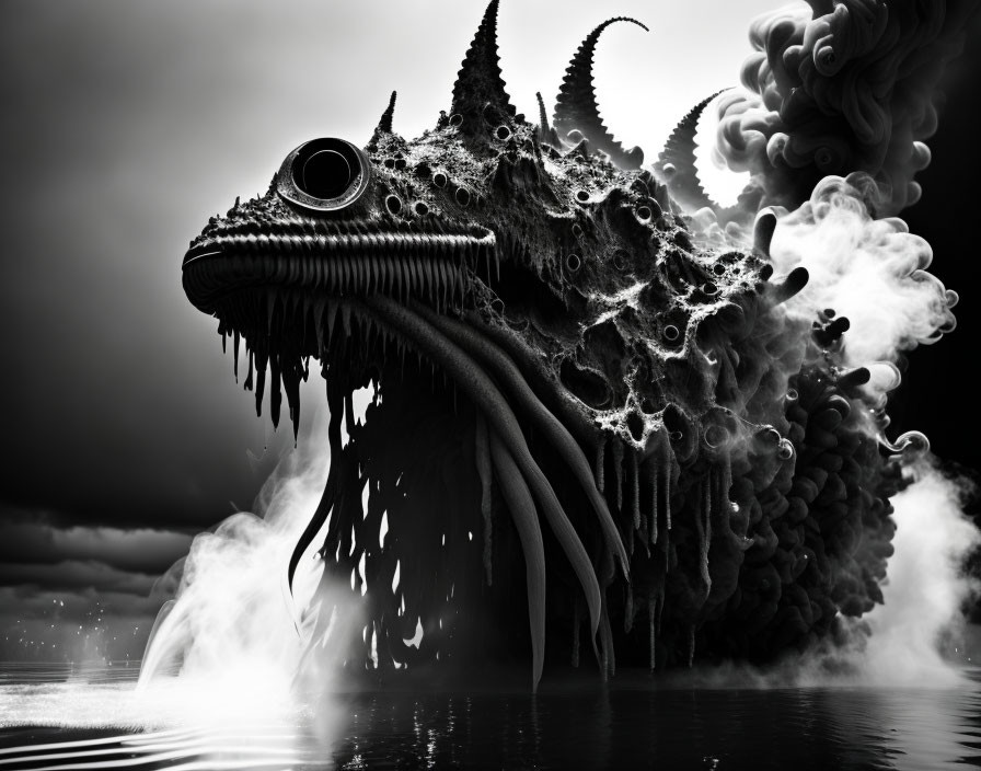 Fantastical monochromatic creature with spiky protrusions and large eye emerges from misty