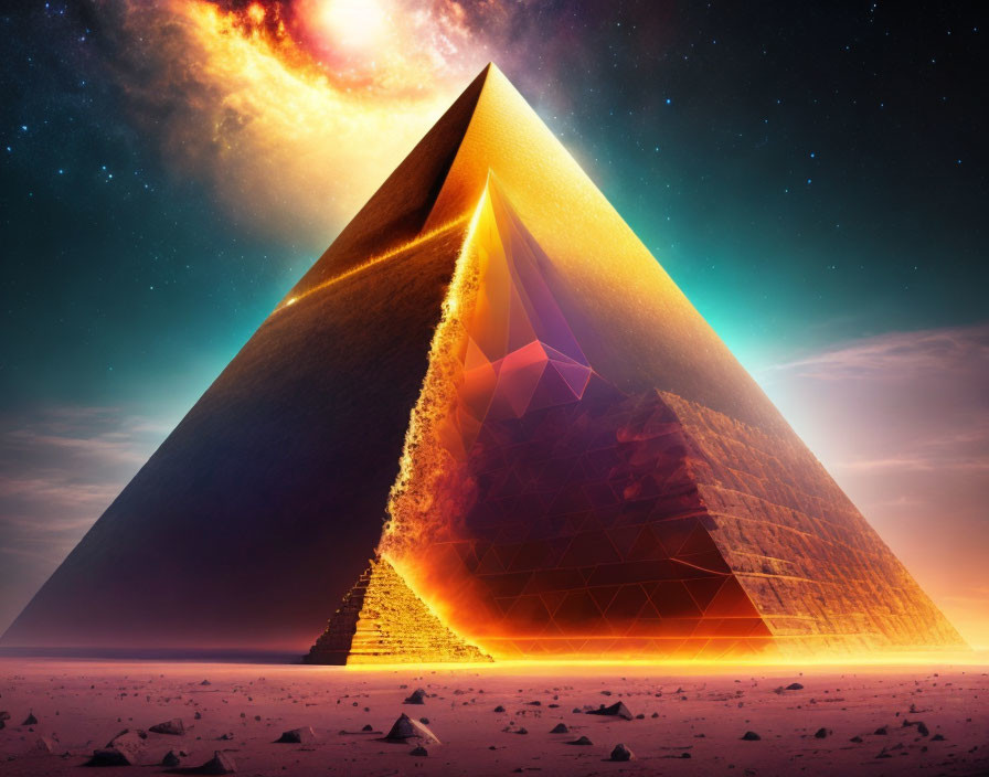 Futuristic pyramid with glowing core in desert landscape