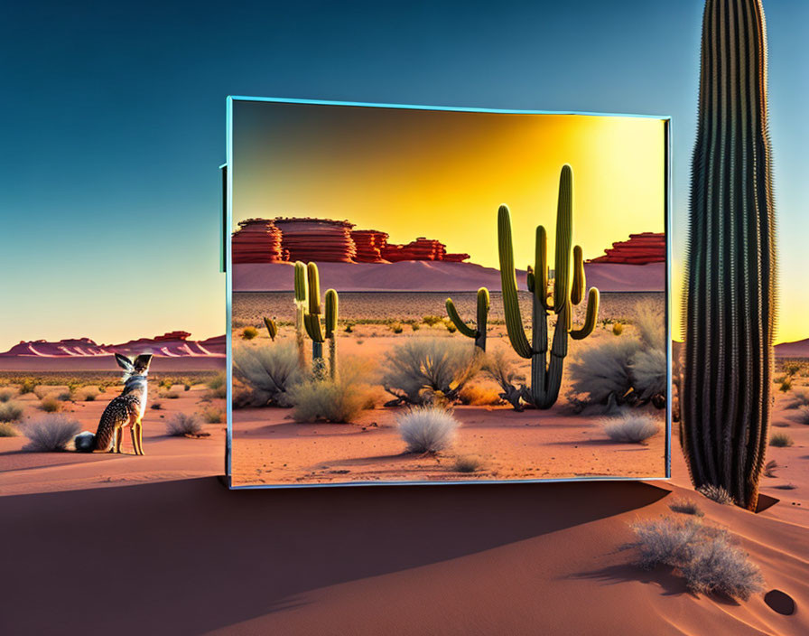 Large Canvas Depicts Desert Landscape with Meerkat