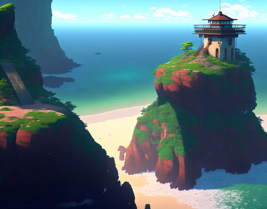 Lighthouse on steep cliff overlooking serene beach