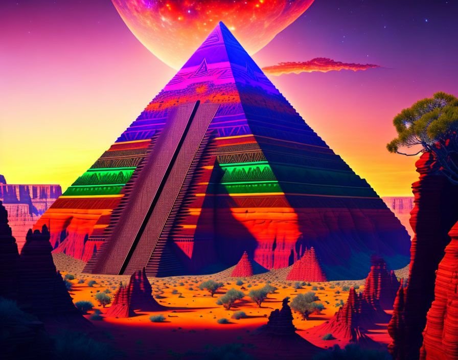 Digital artwork: Neon-lit pyramid in desert with alien sky