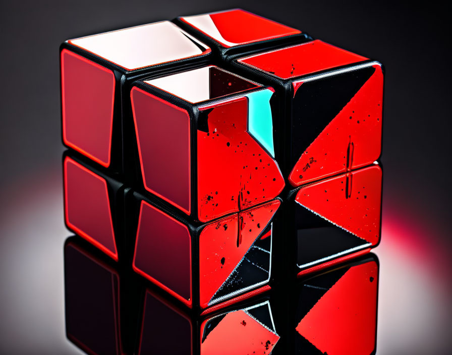 Partially Solved Red and Black Rubik's Cube on Reflective Surface